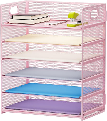 6 Tier Paper Organizer Letter Tray - Mesh Desk File Organizer with Handle, Paper Sorter Organizer for Letter/A4 Office File Folder Holder - Black