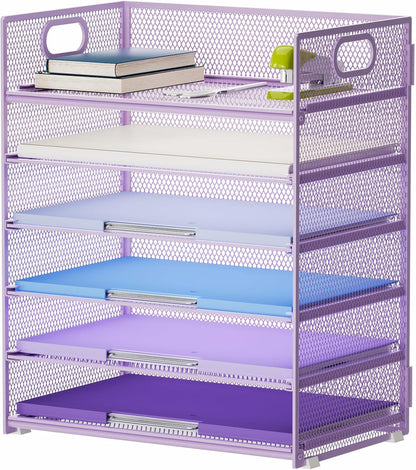 6 Tier Paper Organizer Letter Tray - Mesh Desk File Organizer with Handle, Paper Sorter Organizer for Letter/A4 Office File Folder Holder - Black