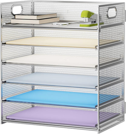 6 Tier Paper Organizer Letter Tray - Mesh Desk File Organizer with Handle, Paper Sorter Organizer for Letter/A4 Office File Folder Holder - Black