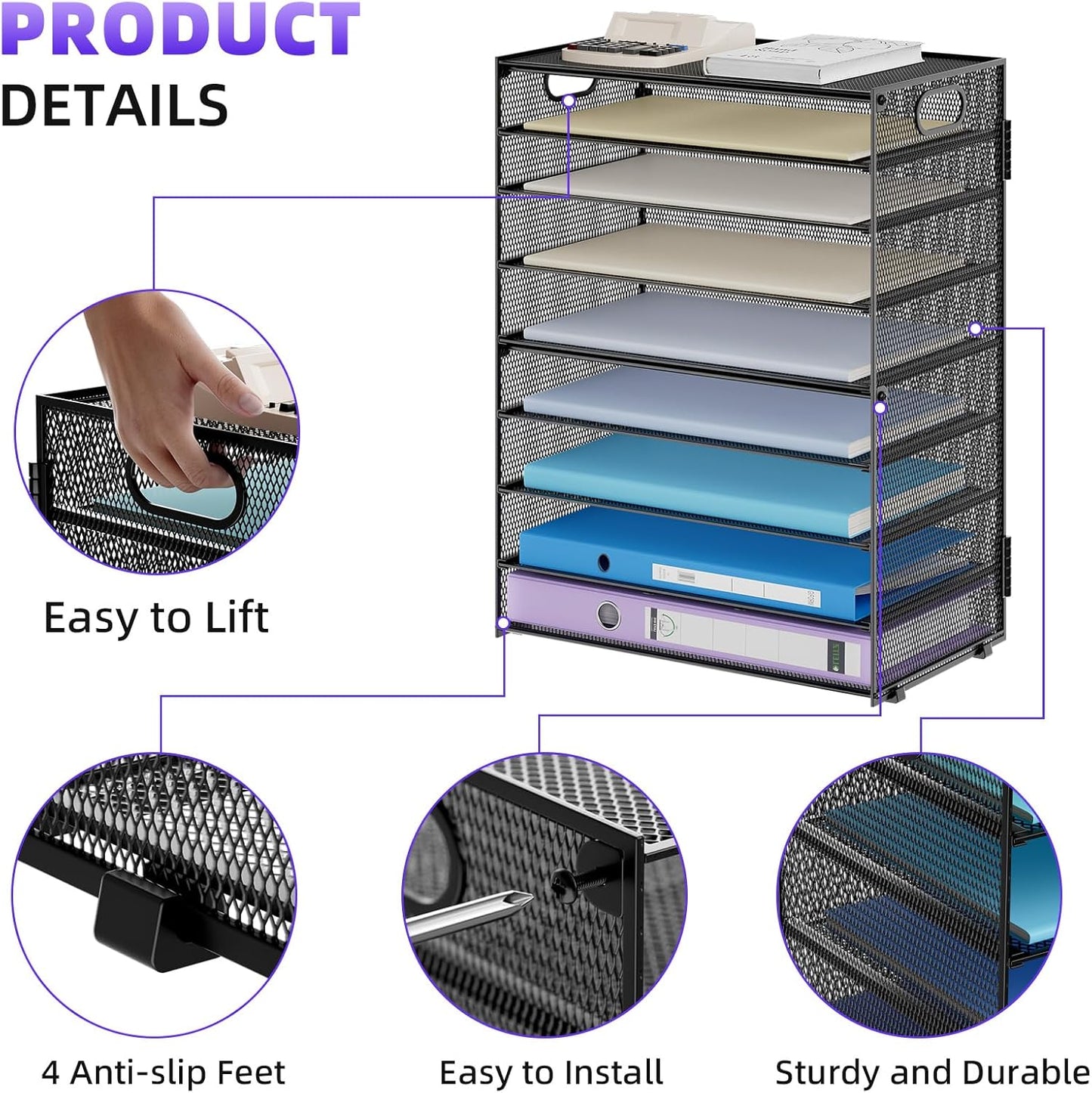 6 Tier Paper Organizer Letter Tray - Mesh Desk File Organizer with Handle, Paper Sorter Organizer for Letter/A4 Office File Folder Holder - Black