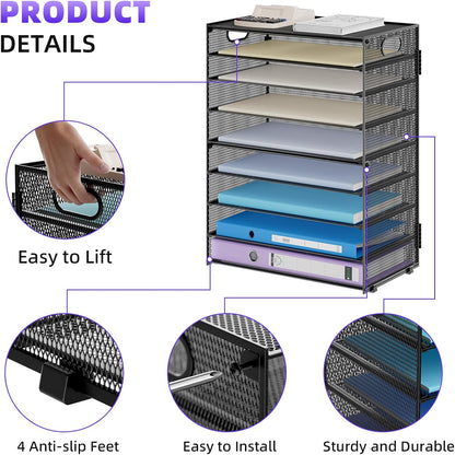 6 Tier Paper Organizer Letter Tray - Mesh Desk File Organizer with Handle, Paper Sorter Organizer for Letter/A4 Office File Folder Holder - Black
