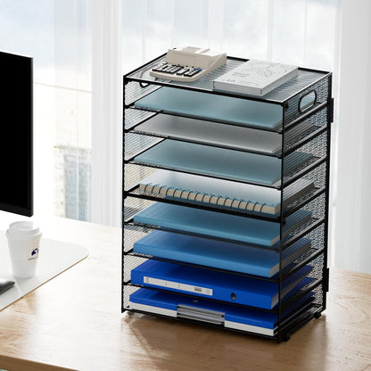 6 Tier Paper Organizer Letter Tray - Mesh Desk File Organizer with Handle, Paper Sorter Organizer for Letter/A4 Office File Folder Holder - Black