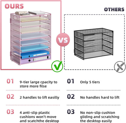 6 Tier Paper Organizer Letter Tray - Mesh Desk File Organizer with Handle, Paper Sorter Organizer for Letter/A4 Office File Folder Holder - Black