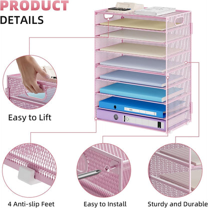 6 Tier Paper Organizer Letter Tray - Mesh Desk File Organizer with Handle, Paper Sorter Organizer for Letter/A4 Office File Folder Holder - Black