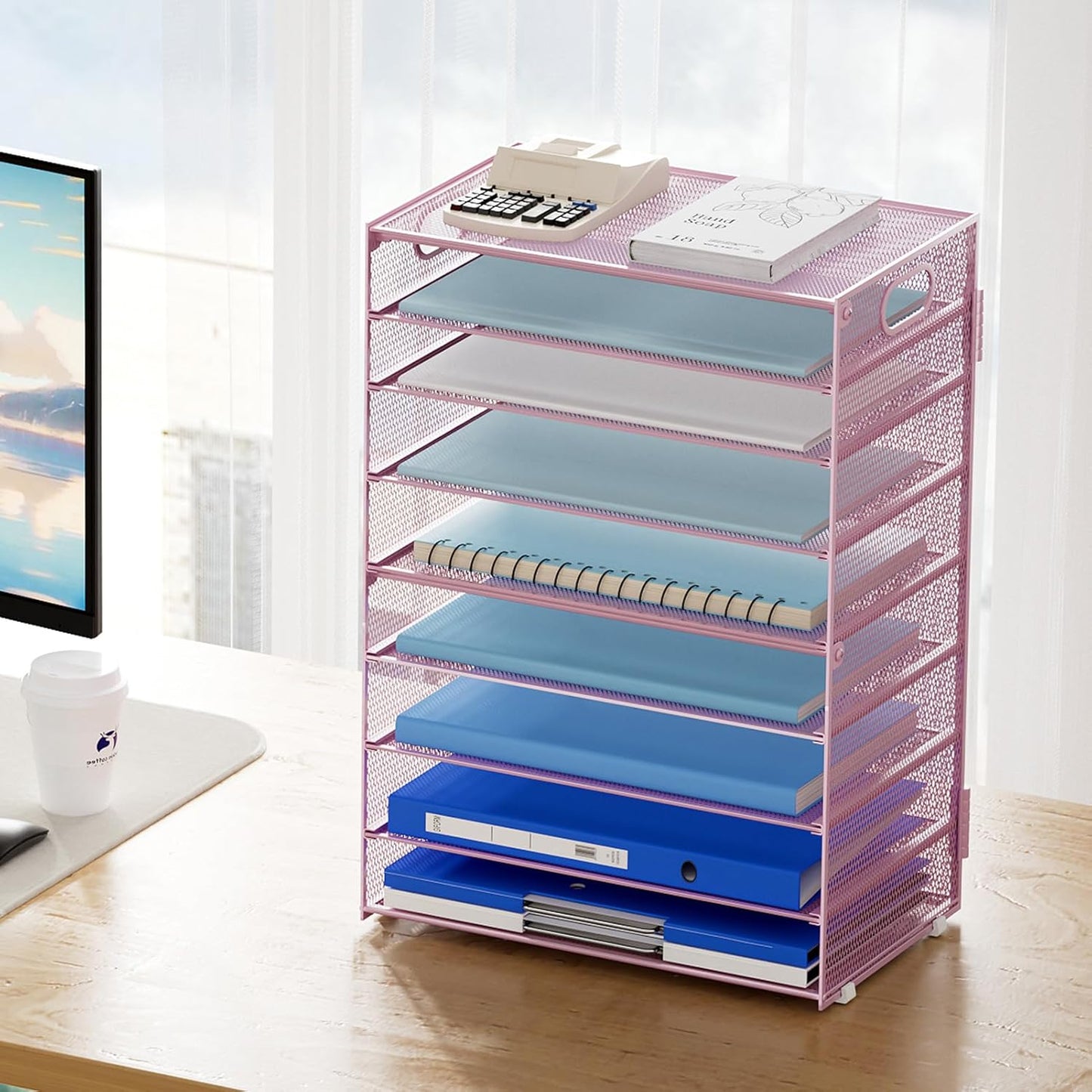 6 Tier Paper Organizer Letter Tray - Mesh Desk File Organizer with Handle, Paper Sorter Organizer for Letter/A4 Office File Folder Holder - Black