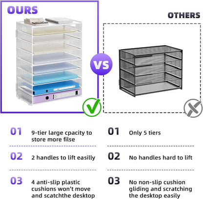 6 Tier Paper Organizer Letter Tray - Mesh Desk File Organizer with Handle, Paper Sorter Organizer for Letter/A4 Office File Folder Holder - Black