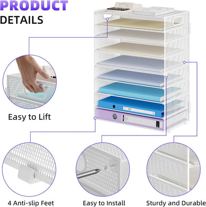 6 Tier Paper Organizer Letter Tray - Mesh Desk File Organizer with Handle, Paper Sorter Organizer for Letter/A4 Office File Folder Holder - Black