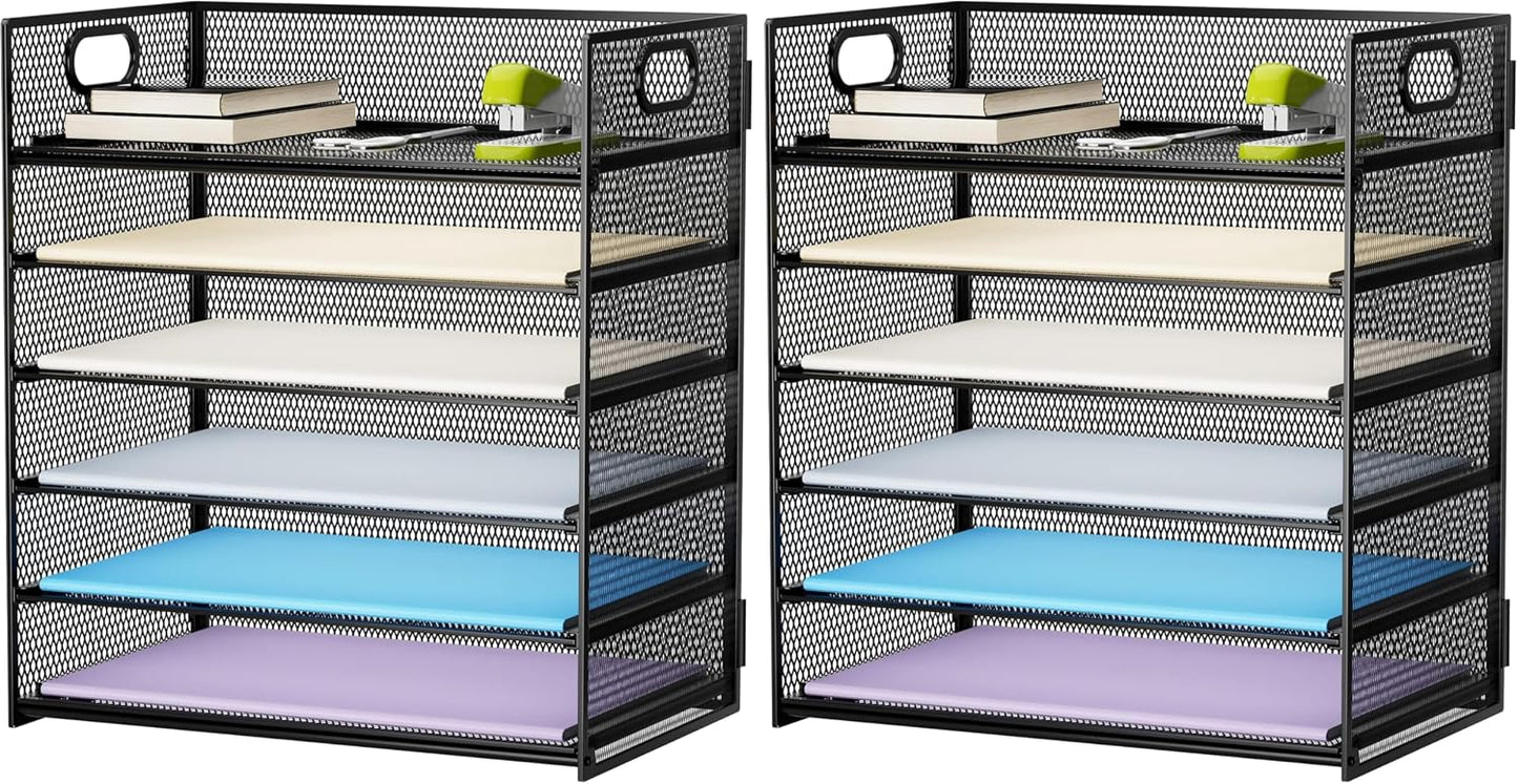 6 Tier Paper Organizer Letter Tray - Mesh Desk File Organizer with Handle, Paper Sorter Organizer for Letter/A4 Office File Folder Holder - Black