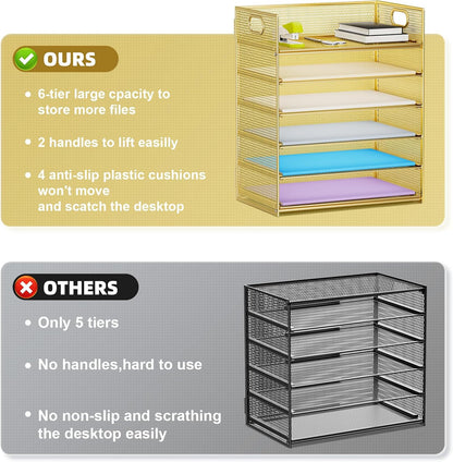 6 Tier Paper Organizer Letter Tray - Mesh Desk File Organizer with Handle, Paper Sorter Organizer for Letter/A4 Office File Folder Holder - Black