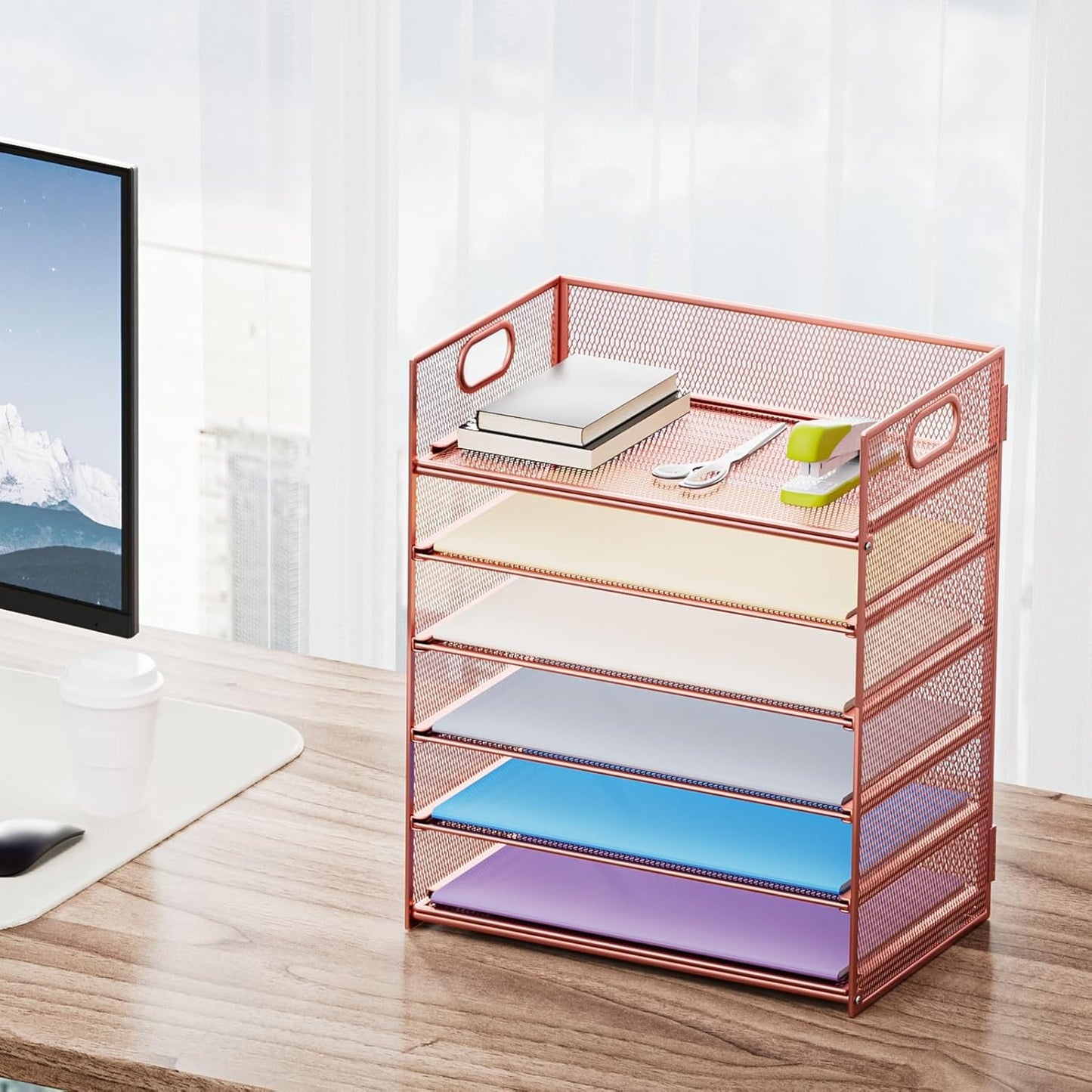 6 Tier Paper Organizer Letter Tray - Mesh Desk File Organizer with Handle, Paper Sorter Organizer for Letter/A4 Office File Folder Holder - Black