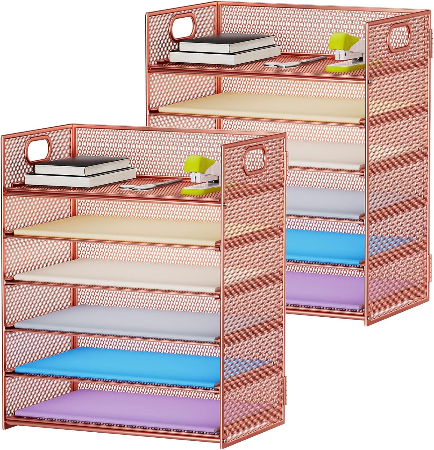 6 Tier Paper Organizer Letter Tray - Mesh Desk File Organizer with Handle, Paper Sorter Organizer for Letter/A4 Office File Folder Holder - Black