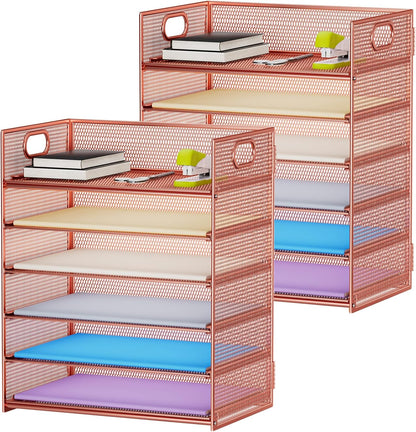 6 Tier Paper Organizer Letter Tray - Mesh Desk File Organizer with Handle, Paper Sorter Organizer for Letter/A4 Office File Folder Holder - Black