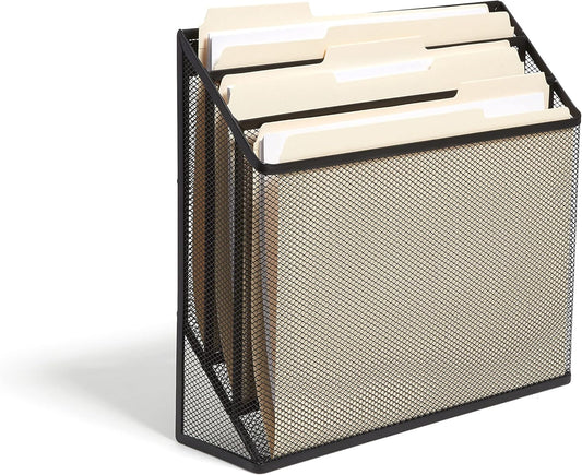 Wire Mesh File Organizer, 3‑Compartment, Matte Black – Vertical Desktop Sorter for Files, Folders & Mail