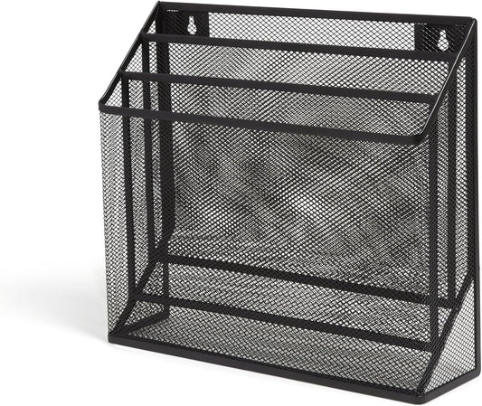 Wire Mesh File Organizer, 3‑Compartment, Matte Black – Vertical Desktop Sorter for Files, Folders & Mail