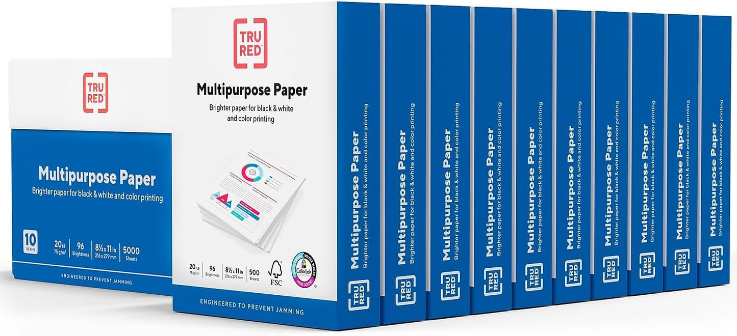 Multipurpose Paper 8.5 x 11 Inch 20 lb 96 Bright White, 10 Reams Carton | 10 Reams Carton
