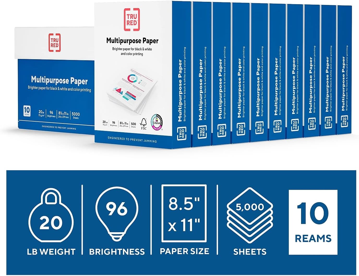 Multipurpose Paper 8.5 x 11 Inch 20 lb 96 Bright White, 10 Reams Carton | 10 Reams Carton