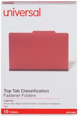 Universal Brick Red Top Tab Classification Fastener Folder, Legal Size, 2/5 Cut, 2 Dividers, 6 Fasteners, Pack of 10
