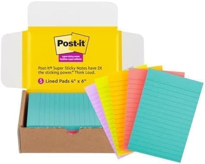 Post-it Super Sticky Lined Notes, 5 Sticky Note Pads, 4x6 in, 2X the Sticking Power, School Supplies, Office Products, Sticky Notes for Vertical Surfaces, Monitors, Walls and Windows, Bright Colors