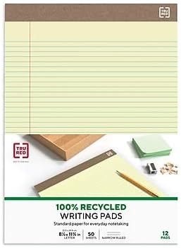 STAPLES Recycled Perforated Notepads, 8.5” x 11.75”, Narrow Ruled, Canary, 12‑Pack