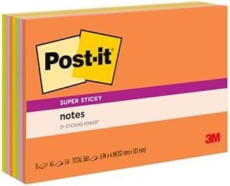 Post-it Super Sticky Notes, 8 Sticky Note Pads, 6 x 4 in., School Supplies, Office Products, Sticky Notes for Vertical Surfaces, Monitors, Walls and Windows, Energy Boost Collection