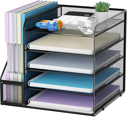Desk Organizers and Accessories, 5-Tier Paper Letter Tray Organizer with File Holder, Mesh File Organizer, Office Desk Accessories & Organization for Supplies (Black)