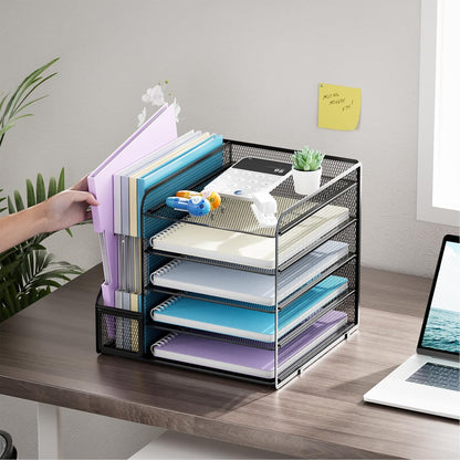 Desk Organizers and Accessories, 5-Tier Paper Letter Tray Organizer with File Holder, Mesh File Organizer, Office Desk Accessories & Organization for Supplies (Black)