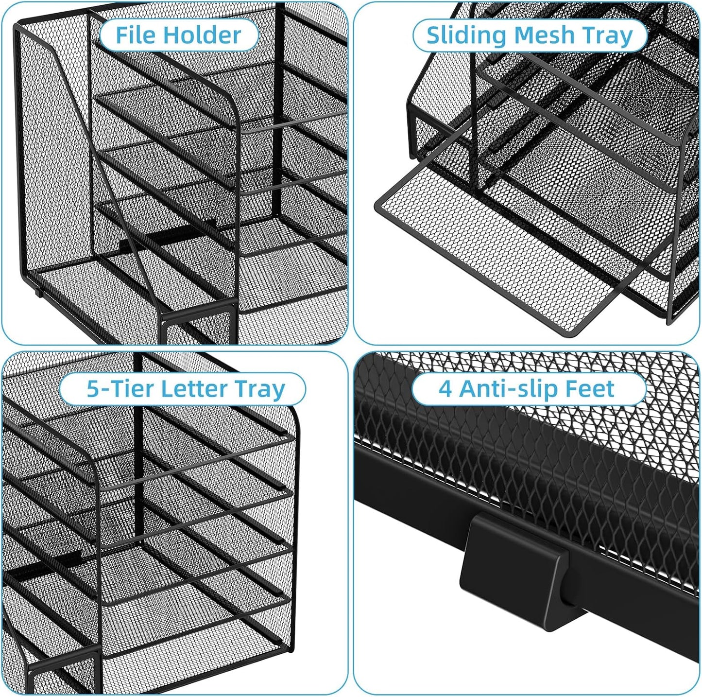 Desk Organizers and Accessories, 5-Tier Paper Letter Tray Organizer with File Holder, Mesh File Organizer, Office Desk Accessories & Organization for Supplies (Black)