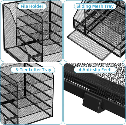Desk Organizers and Accessories, 5-Tier Paper Letter Tray Organizer with File Holder, Mesh File Organizer, Office Desk Accessories & Organization for Supplies (Black)
