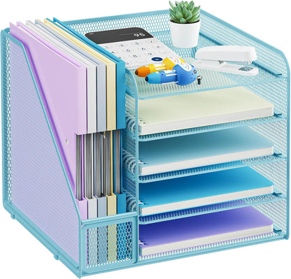 Desk Organizers and Accessories, 5-Tier Paper Letter Tray Organizer with File Holder, Mesh File Organizer, Office Desk Accessories & Organization for Supplies (Black)
