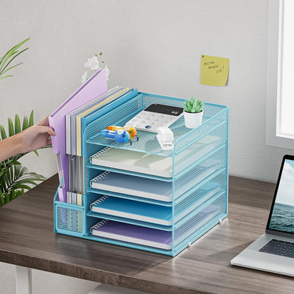 Desk Organizers and Accessories, 5-Tier Paper Letter Tray Organizer with File Holder, Mesh File Organizer, Office Desk Accessories & Organization for Supplies (Black)
