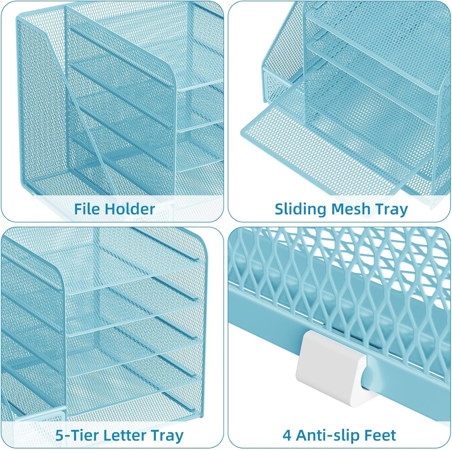 Desk Organizers and Accessories, 5-Tier Paper Letter Tray Organizer with File Holder, Mesh File Organizer, Office Desk Accessories & Organization for Supplies (Black)