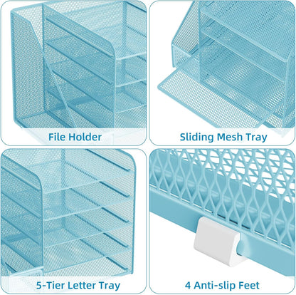 Desk Organizers and Accessories, 5-Tier Paper Letter Tray Organizer with File Holder, Mesh File Organizer, Office Desk Accessories & Organization for Supplies (Black)