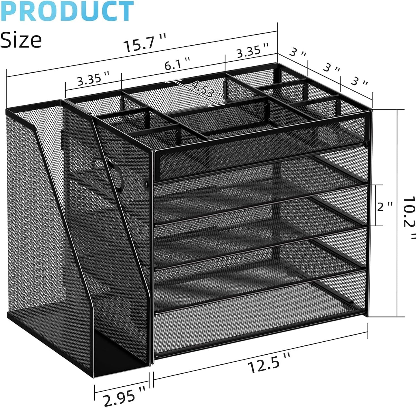 Desk Organizers and Accessories, 5-Tier Paper Letter Tray Organizer with File Holder, Mesh File Organizer, Office Desk Accessories & Organization for Supplies (Black)