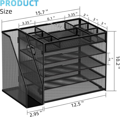 Desk Organizers and Accessories, 5-Tier Paper Letter Tray Organizer with File Holder, Mesh File Organizer, Office Desk Accessories & Organization for Supplies (Black)