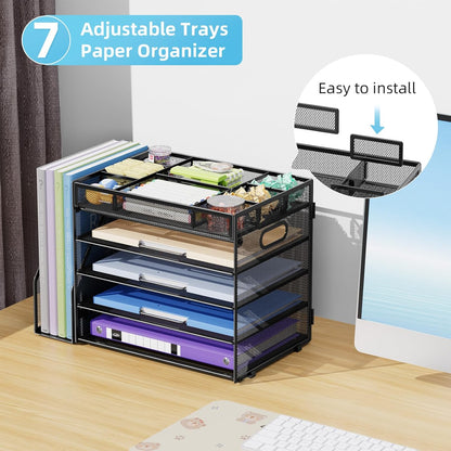 Desk Organizers and Accessories, 5-Tier Paper Letter Tray Organizer with File Holder, Mesh File Organizer, Office Desk Accessories & Organization for Supplies (Black)