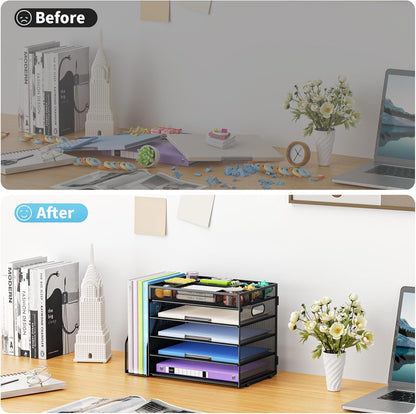 Desk Organizers and Accessories, 5-Tier Paper Letter Tray Organizer with File Holder, Mesh File Organizer, Office Desk Accessories & Organization for Supplies (Black)