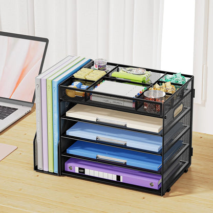 Desk Organizers and Accessories, 5-Tier Paper Letter Tray Organizer with File Holder, Mesh File Organizer, Office Desk Accessories & Organization for Supplies (Black)