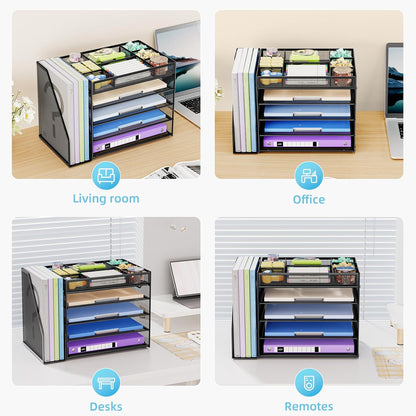 Desk Organizers and Accessories, 5-Tier Paper Letter Tray Organizer with File Holder, Mesh File Organizer, Office Desk Accessories & Organization for Supplies (Black)