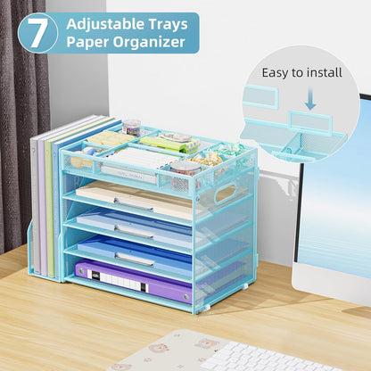 Desk Organizers and Accessories, 5-Tier Paper Letter Tray Organizer with File Holder, Mesh File Organizer, Office Desk Accessories & Organization for Supplies (Black)