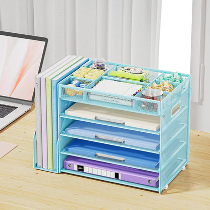 Desk Organizers and Accessories, 5-Tier Paper Letter Tray Organizer with File Holder, Mesh File Organizer, Office Desk Accessories & Organization for Supplies (Black)
