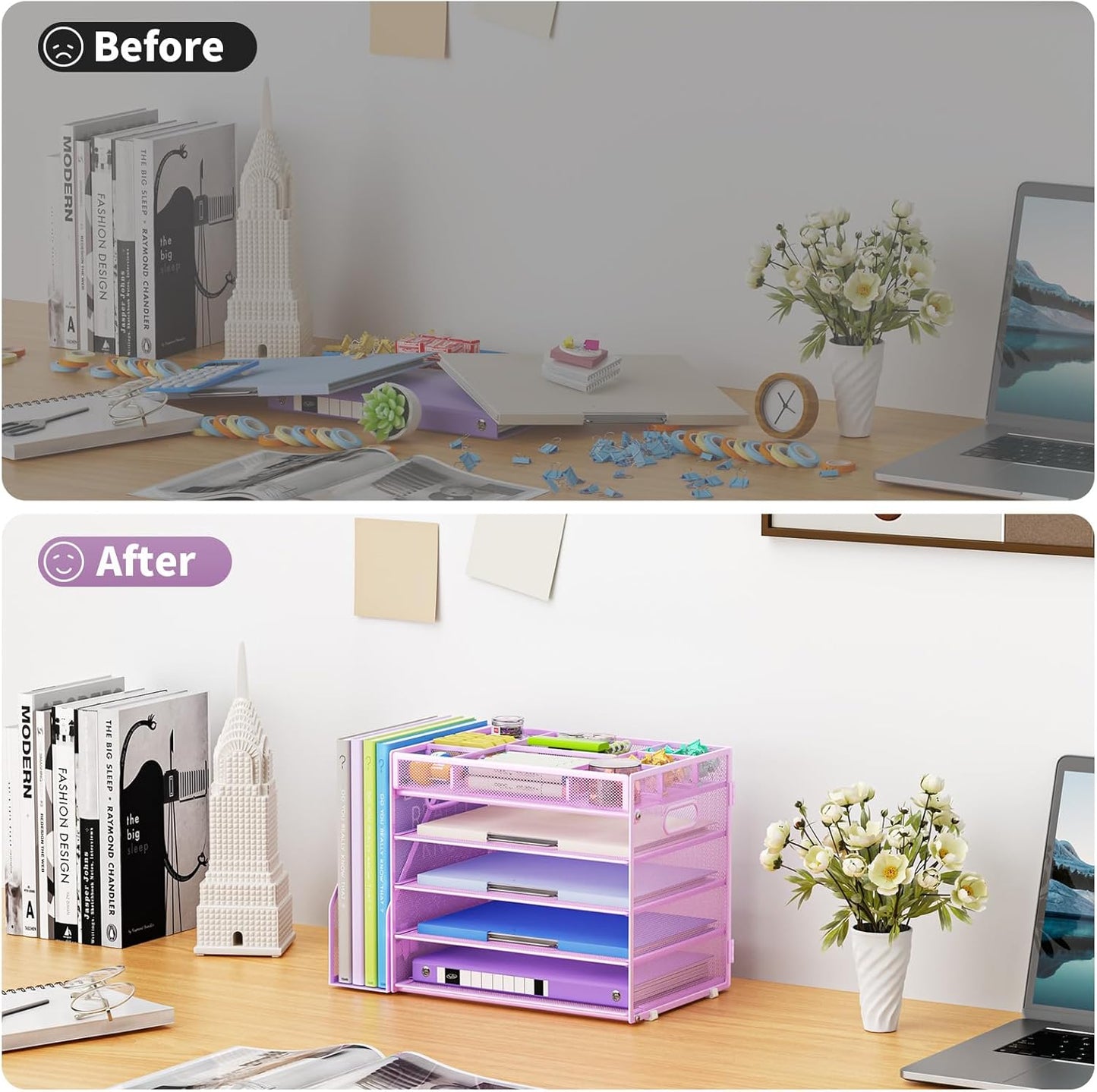 Desk Organizers and Accessories, 5-Tier Paper Letter Tray Organizer with File Holder, Mesh File Organizer, Office Desk Accessories & Organization for Supplies (Black)