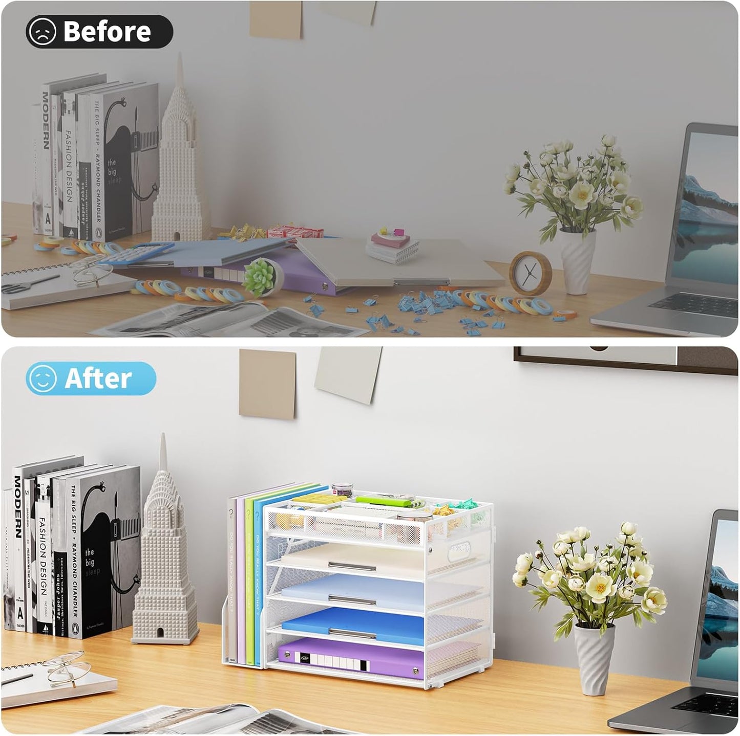 Desk Organizers and Accessories, 5-Tier Paper Letter Tray Organizer with File Holder, Mesh File Organizer, Office Desk Accessories & Organization for Supplies (Black)
