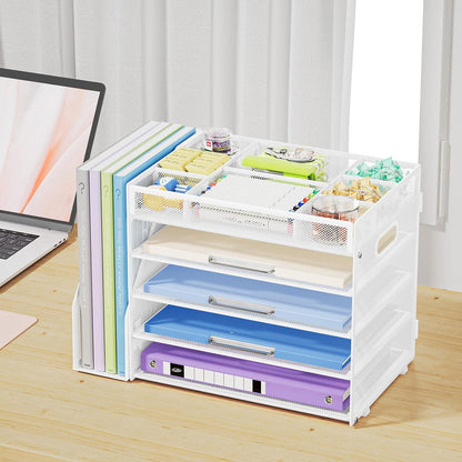 Desk Organizers and Accessories, 5-Tier Paper Letter Tray Organizer with File Holder, Mesh File Organizer, Office Desk Accessories & Organization for Supplies (Black)