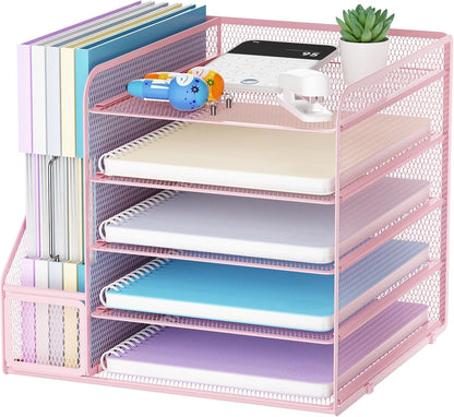 Desk Organizers and Accessories, 5-Tier Paper Letter Tray Organizer with File Holder, Mesh File Organizer, Office Desk Accessories & Organization for Supplies (Black)