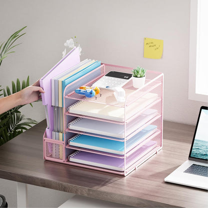 Desk Organizers and Accessories, 5-Tier Paper Letter Tray Organizer with File Holder, Mesh File Organizer, Office Desk Accessories & Organization for Supplies (Black)