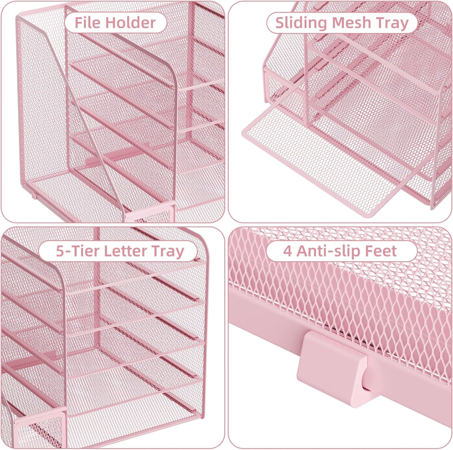 Desk Organizers and Accessories, 5-Tier Paper Letter Tray Organizer with File Holder, Mesh File Organizer, Office Desk Accessories & Organization for Supplies (Black)