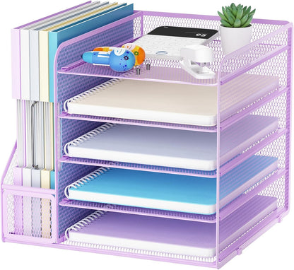 Desk Organizers and Accessories, 5-Tier Paper Letter Tray Organizer with File Holder, Mesh File Organizer, Office Desk Accessories & Organization for Supplies (Black)