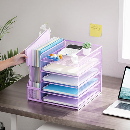 Desk Organizers and Accessories, 5-Tier Paper Letter Tray Organizer with File Holder, Mesh File Organizer, Office Desk Accessories & Organization for Supplies (Black)