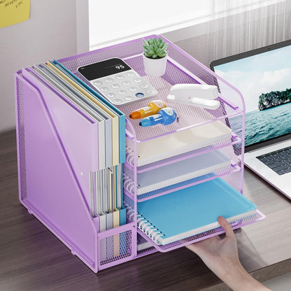 Desk Organizers and Accessories, 5-Tier Paper Letter Tray Organizer with File Holder, Mesh File Organizer, Office Desk Accessories & Organization for Supplies (Black)