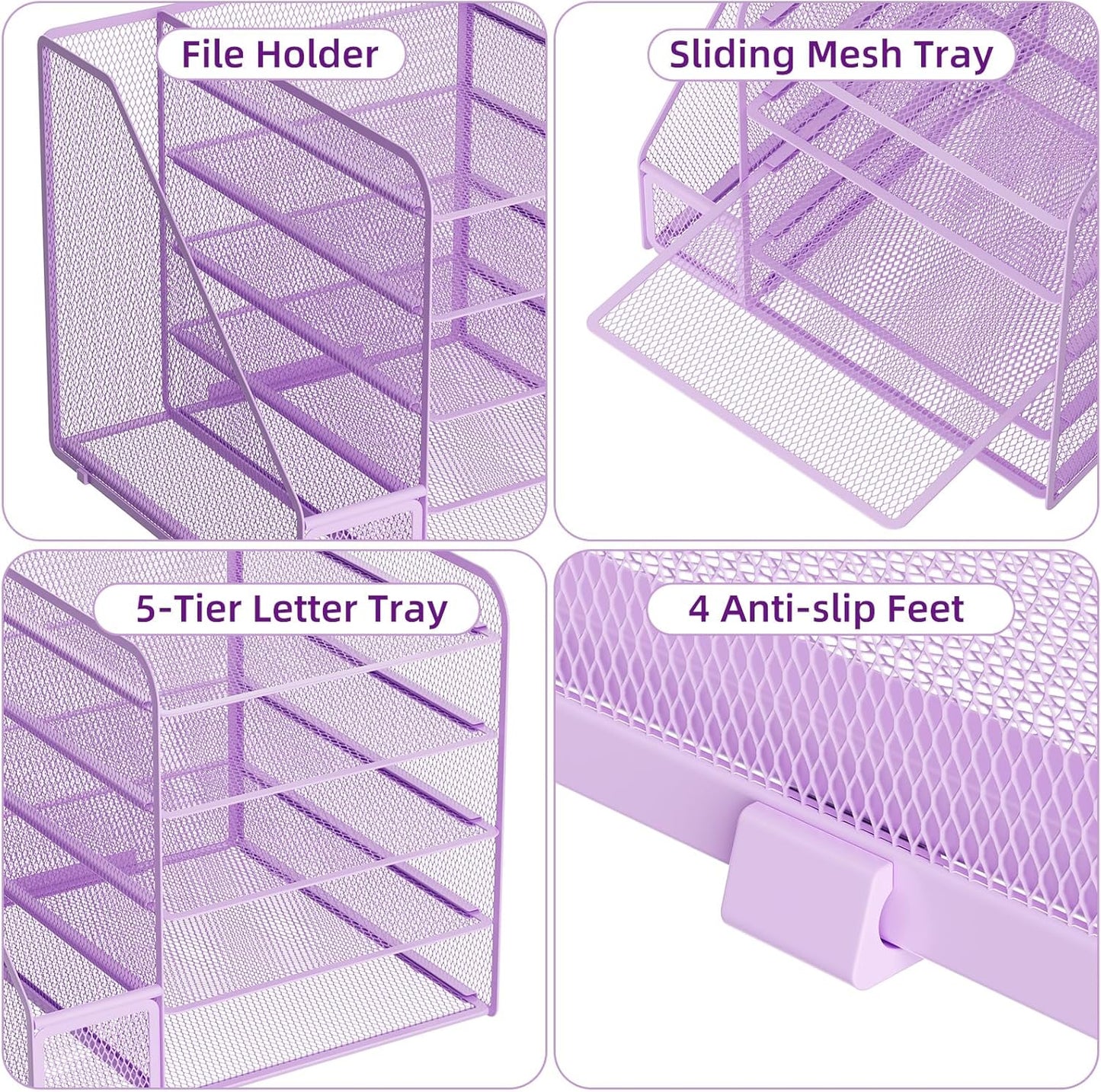 Desk Organizers and Accessories, 5-Tier Paper Letter Tray Organizer with File Holder, Mesh File Organizer, Office Desk Accessories & Organization for Supplies (Black)